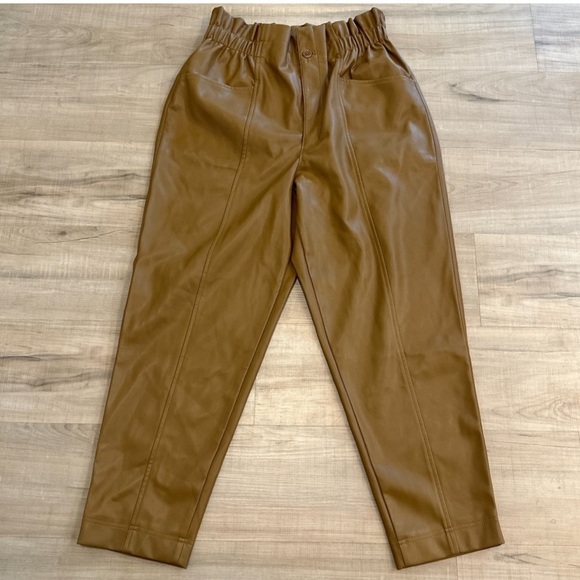 Madewell Women's Vegan Leather Paperbag Pants Size 12 Camel Tan Pull On - Picture 3 of 12